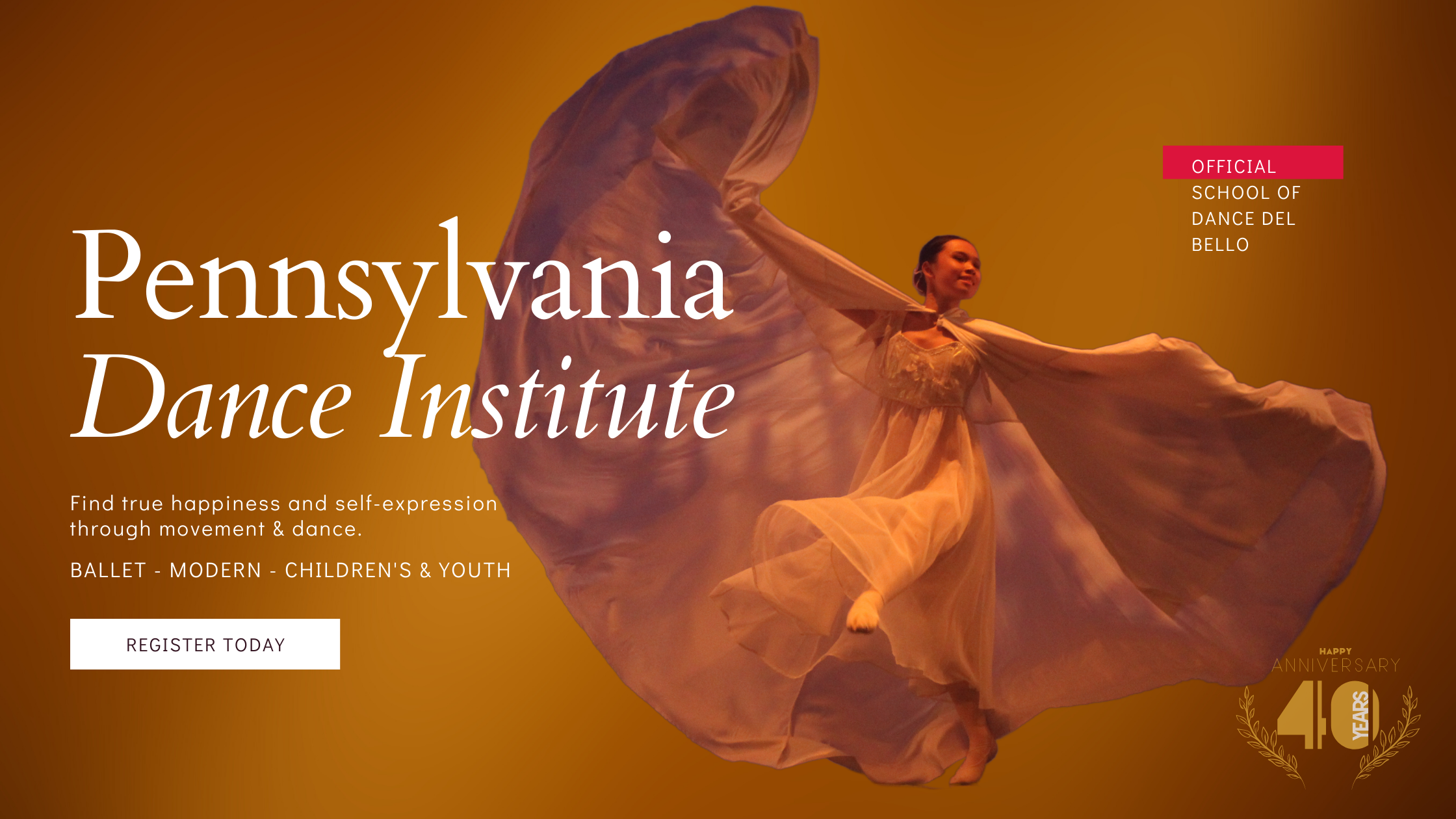 2023-24 PA Dance Institute Registration Banner. Photo of Expressive ballet student.